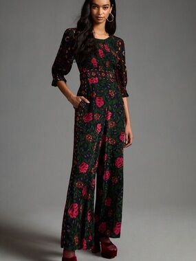 $220 FARM Rio Black Jumpsuit with Pink Floral Print Large L resortwear beach